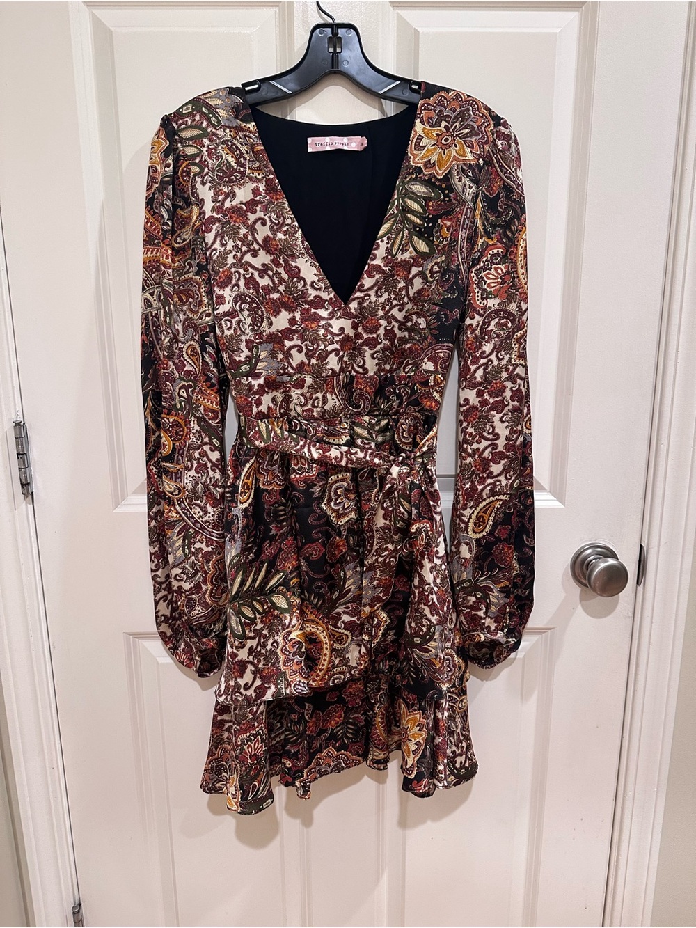 Traffic People Long Sleeve Paisley Wrap Dress in Cream, Brown, Rust, Olive